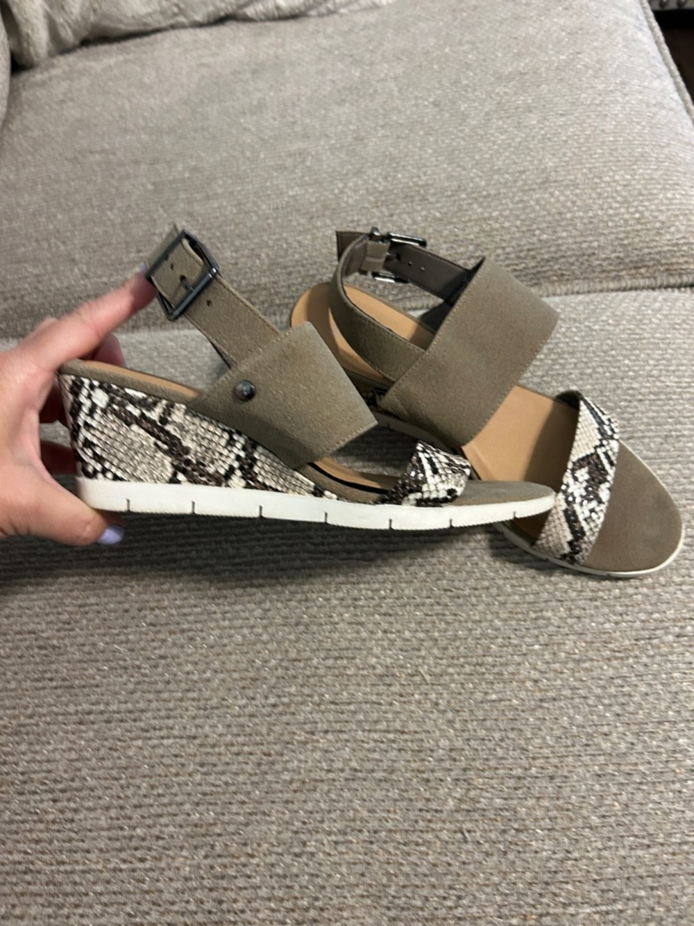 Taupe Wedge Sandals with Snake-Print Accent